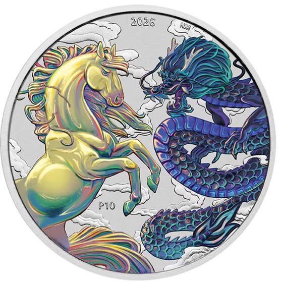 Die edle Motivseite der Dragon & Horse Opalite Silbermünze in Kapsel mit wechselndem Lichtspiel (0000.jpg)