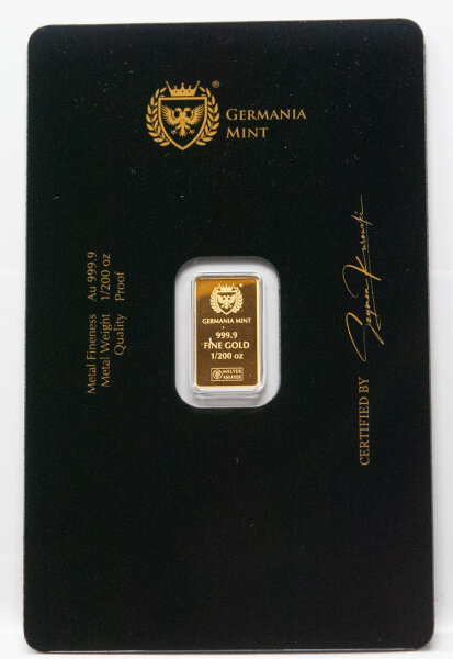 Nahaufnahme des 1/200 oz Goldbarrens mit dem detaillierten Porträt der Germania und dem Schriftzug „GERMANIA“. Der Barren ist sicher in einer Kapsel