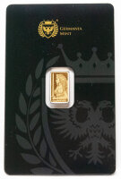 Rückseite des Safepacks. Zu sehen ist die Rückseite des Goldbarrens mit dem Germania Mint Logo sowie die auf der Kapsel aufgedruckten Spezifikationen „999.9 FINE GOLD 1/200 OZ“.