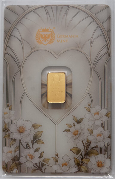 Vorderseite der festlich gestalteten Germania Mint „Best Wishes“ Geschenk-Coincard mit dem eingebetteten 1 Gramm Feingoldbarren, welcher das edle Logo der Prägestätte und die Reinheitsangabe 999.9 Fine Gold zeigt.