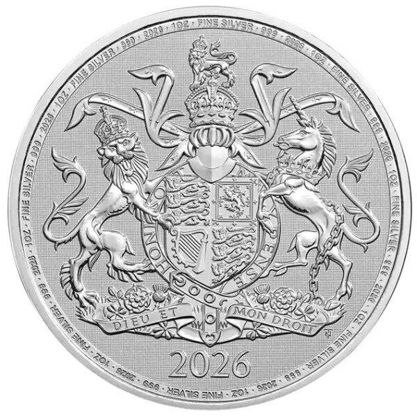 Das offizielle königliche Wappenschild des Vereinigten Königreichs, gestützt vom gekrönten Löwen Englands auf der linken Seite und dem Einhorn Schottlands auf der rechten Seite. Der Hintergrund ist mit einer feinen, strahlenförmigen Mikro-Struktur versehen. Die Umschrift lautet ROYAL ARMS, gefolgt vom Jahrgang 2026 sowie Gewicht und Feingehalt 1 OZ FINE SILVER 999.