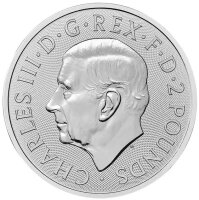 Das nach links ausgerichtete Porträt von König Charles III. vor einem mikro-gravierten Guilloche-Strukturhintergrund. Die umlaufende Beschriftung lautet CHARLES III • D • G • REX • F • D • 2 POUNDS.