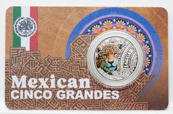 Detailreiches, majestätisches Porträt eines Jaguars in Frontalansicht mit Fokus auf die charakteristischen Fellzeichnungen. Umschrift CINCO GRANDES und JAGUAR sowie das Ausgabejahr 2026.
