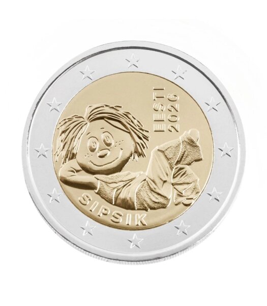 Die charmante und fröhliche Darstellung der estnischen Kult-Stoffpuppe Sipsik im Zentrum. Am Rand befinden sich der Name der Figur, das Ausgabeland EESTI sowie das Prägejahr 2026.