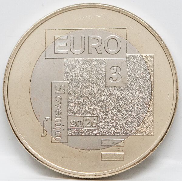 Ein futuristisch-geometrisches Design zu Ehren des Dichters Srečko Kosovel und der Kulturhauptstadt Europas, mit der Aufschrift SREČKO KOSOVEL, dem Jahrgang 2026 und dem Ausgabeland SLOVENIJA.