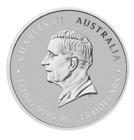 Das nach links gerichtete Profilporträt von König Charles III., umgeben von der Aufschrift CHARLES III • AUSTRALIA • 1/10oz 9995 Pt sowie dem gesetzlichen Nennwert 15 DOLLARS.