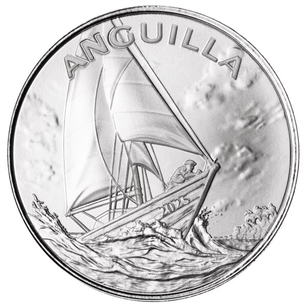 Zwei majestätische Segelboote, die während einer Regatta elegant über die dynamisch geformten Wellen des karibischen Meeres gleiten, umrahmt vom Schriftzug ANGUILLA REGATTA und dem Jahrgang 2025.