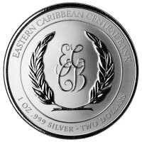 Das offizielle Siegel der Eastern Caribbean Central Bank (ECCB) mit dem Schriftzug EASTERN CARIBBEAN CENTRAL BANK, umrahmt von kunstvollen Palmzweigen, dem Nennwert TWO DOLLARS sowie den Angaben zu Gewicht und Feingehalt 1 OZ .999 SILVER.