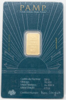 Die Rückseite des Goldbarrens zeigt das offizielle Logo des Herstellers PAMP Suisse, die präzisen Angaben zum Feingehalt SUISSE 2.5g FINE GOLD 999.9 sowie das unverwechselbare Prüferzeichen (Assayer) und die individuelle Seriennummer.