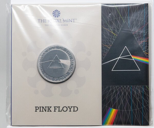 Vorderseite der britischen 5 Pfund Münze 2026 Pink Floyd mit dem Porträt von König Charles III.