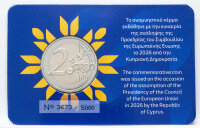 Rückseite der Zypern Ratspräsidentschaft Coincard mit allen technischen Spezifikationen und dem staatlichen Siegel.