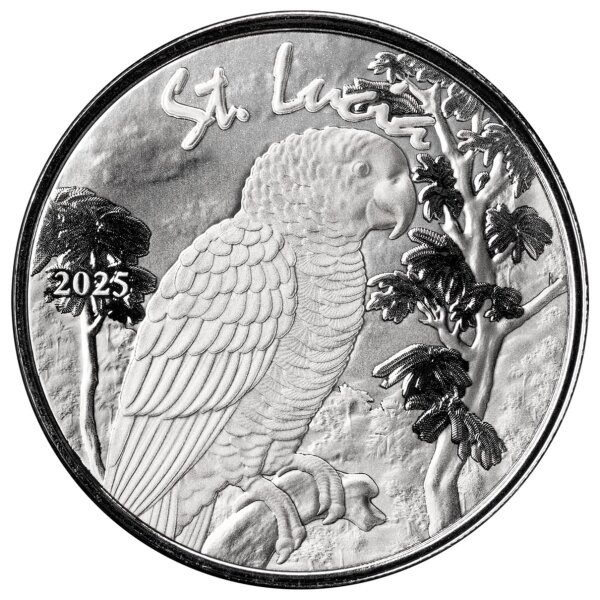 Vorderseite der St. Lucia EC8 Parrot 2025 Silbermünze mit der filigranen Darstellung des Nationalvogel-Papageis im Tropenwald.