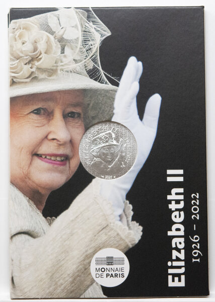 Vorderseite der französischen 10 Euro 2026 Münze zum 100. Geburtstag von Queen Elizabeth II. mit einem edlen Porträt der Queen.