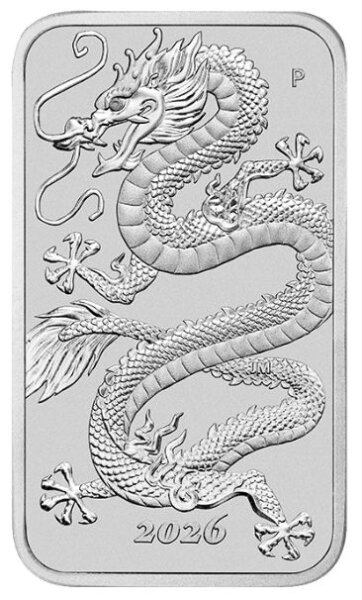 Vorderseite der Australien 1 Dollar 2026 Rectangular Dragon Silber-Barrenmünze mit der dynamischen und detailreichen Darstellung des majestätischen Drachen.