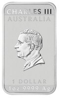 Rückseite der Australien 1 Dollar 2026 Rectangular Dragon Barrenmünze mit dem offiziellen Porträt des Staatsoberhauptes und den technischen Daten.