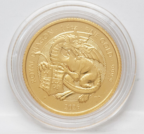 Großbritannien 2026 – 1/4 oz Goldmünze Royal Dragon aus der Tudor Beasts Serie, Löwenmotiv,