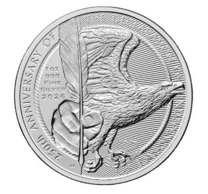 Vorderseite der Großbritannien 2 Pfund 2026 American Independence Silbermünze mit dem kunstvollen Jubiläumsmotiv zu Ehren der Unabhängigkeitserklärung.