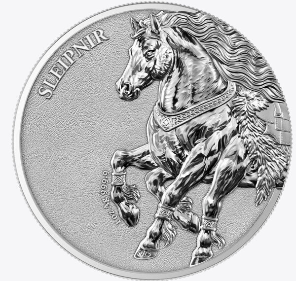 Vorderseite der Germania 5 Mark 2026 Sleipnir 1 oz Silbermünze mit dem kraftvollen, achtbeinigen Pferd Odins in dynamischer Pose.