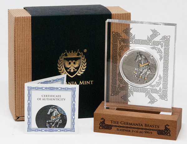 Vorderseite der Germania Sleipnir 2 oz Ultra Double High Relief Münze mit der extrem plastischen, veredelten Darstellung des Pferdes und leuchtendem UV-Effekt.