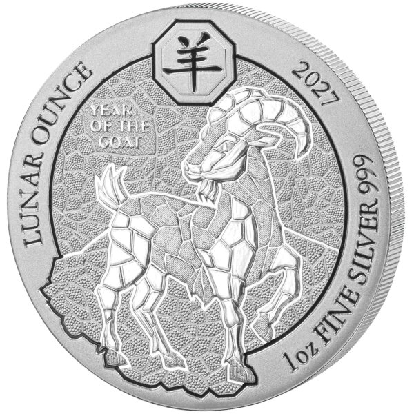 Vorderseite der Ruanda 50 RW Francs 2027 Silbermünze mit dem ikonischen Mosaik-Motiv der Ziege.