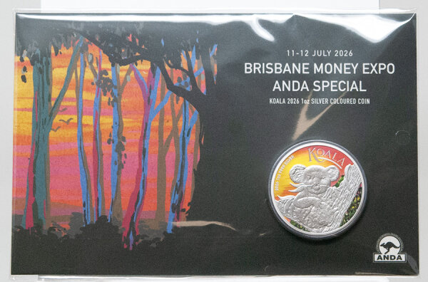 Vorderseite der Australien 1 Dollar 2026 Koala Brisbane Money Expo Silbermünze mit dem herzerwärmenden Koala-Motiv in feinster Prägung.