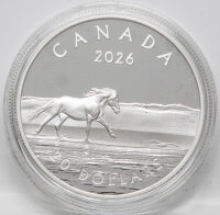 Rückseite der Kanada 20 Dollar 2026 Sable Island Horses Silbermünze mit dem offiziellen Porträt von König Charles III.