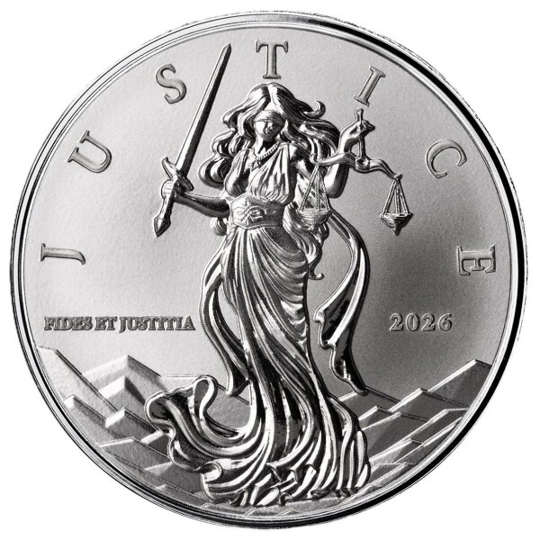 Vorderseite der Niue 1 Dollar 2026 Lady Justice Silbermünze mit dem erhabenen Motiv der Justitia mit Waage und Schwert.