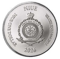 Rückseite der Niue 1 Dollar 2026 Lady Justice Silbermünze mit dem offiziellen Staatswappen und Nennwert.