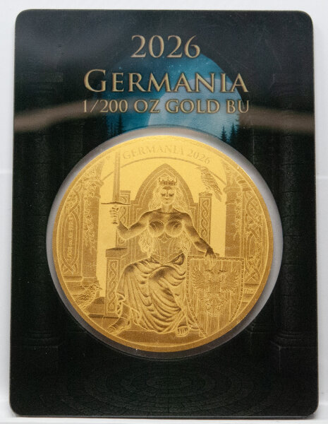 Vorderseite der Germania 5 Mark 2026 1/200 oz Goldmünze im Safepack mit dem majestätischen Porträt der Germania.