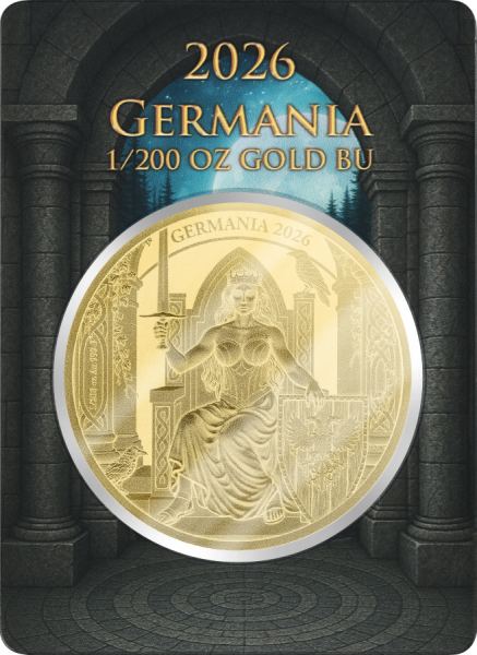 Vorderseite der Germania 5 Mark 2026 1/200 oz Goldmünze im Safepack mit dem majestätischen Porträt der Germania.