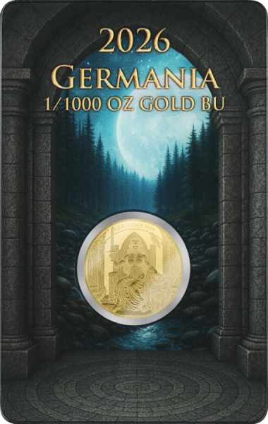 Vorderseite der Germania 1 Mark 2026 1/1000 oz Goldmünze im fälschungssicheren Safepack mit dem detaillierten Germania-Motiv.
