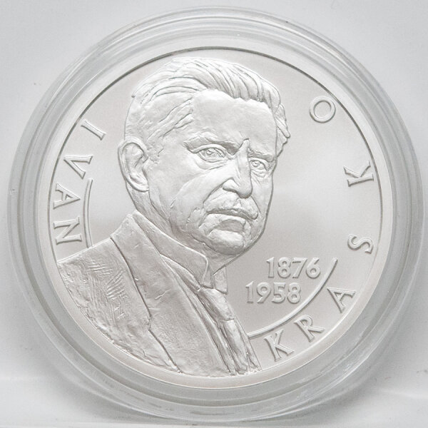 Vorderseite der Slowakei 10 Euro 2026 Silbermünze Ivan Krasko in Stempelglanz (BU) mit dem detailreichen Porträt des Dichters.