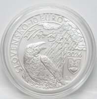 Rückseite der Slowakei 10 Euro 2026 Ivan Krasko Münze mit der Darstellung des Raben im Regen, der Dichter-Signatur und dem Staatswappen.