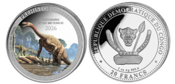 Vorderseite der Kongo 20 Francs 2026 Prehistoric Life II Plateosaurus Silbermünze mit dem farbintensiven Urzeitmotiv.