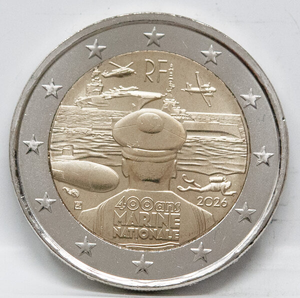 Vorderseite der Frankreich 2 Euro 2026 Gedenkmünze Marine in bankfrischer Erhaltung mit dem ausdrucksstarken Motiv der französischen Seefahrt.