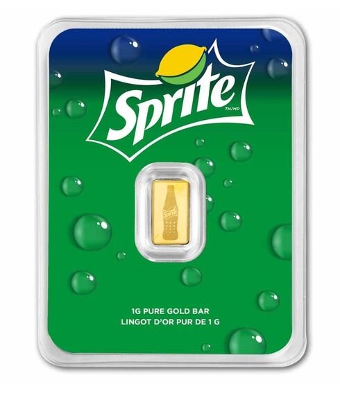 Vorderseite des PAMP 1 g Feingoldbarrens 65 Jahre Sprite im knallig grünen Jubiläums-Blister.