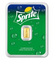 Vorderseite des PAMP 1 g Feingoldbarrens 65 Jahre Sprite...