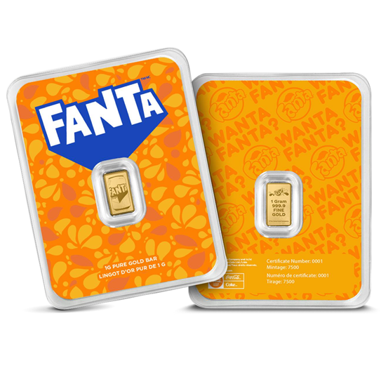 Vorderseite der versiegelten CertiPAMP-Karte mit dem PAMP 1 g Feingoldbarren im Fanta Markendesign.