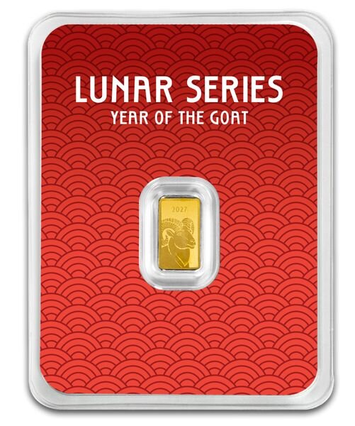 Vorderseite des PAMP 1 g Feingoldbarrens Year of the Goat im roten Lunar-Blister.