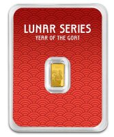 Vorderseite des PAMP 1 g Feingoldbarrens Year of the Goat im roten Lunar-Blister.