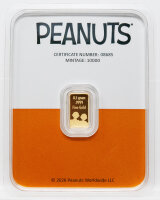 Rückseite der Peanuts CertiPAMP-Sicherheitskarte mit Zertifikatsnummer, Auflage von 10.000 Stück und Feingehalt Au 999.9.