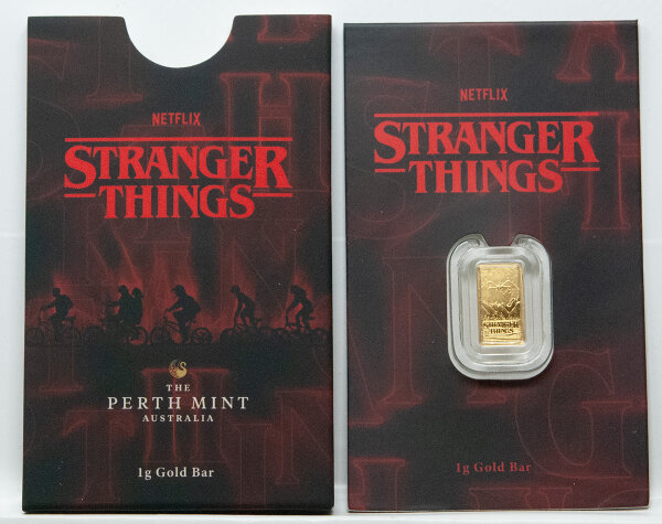 Vorderseite des Tuvalu 1 g Feingoldbarrens 2026 Stranger Things in der atmosphärischen Perth Mint Coincard.