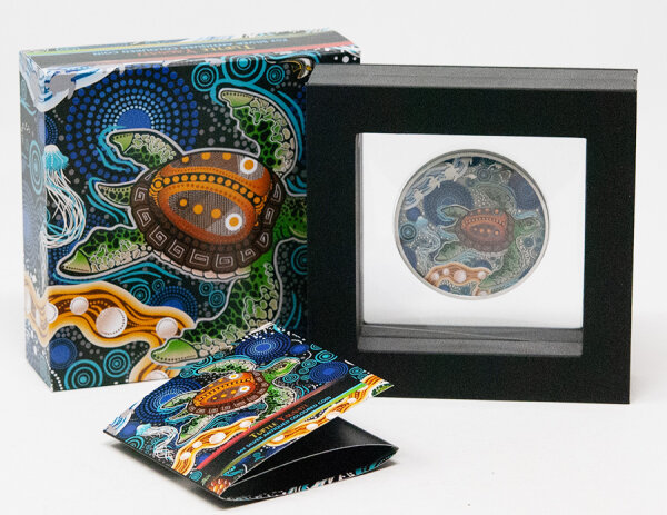 Vorderseite der Australien 2 Dollar 2026 Turtle Yaunati 2 oz Silbermünze mit dem kunstvollen indigenen Schildkröten-Motiv im Antique Finish.