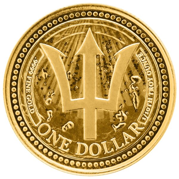 Vorderseite der Barbados 1 Dollar 2026 Trident Goldmünze mit dem erhabenen Dreizack-Symbol vor maritimem Hintergrund.
