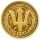 Vorderseite der Barbados 1 Dollar 2026 Trident Goldmünze mit dem erhabenen Dreizack-Symbol vor maritimem Hintergrund.