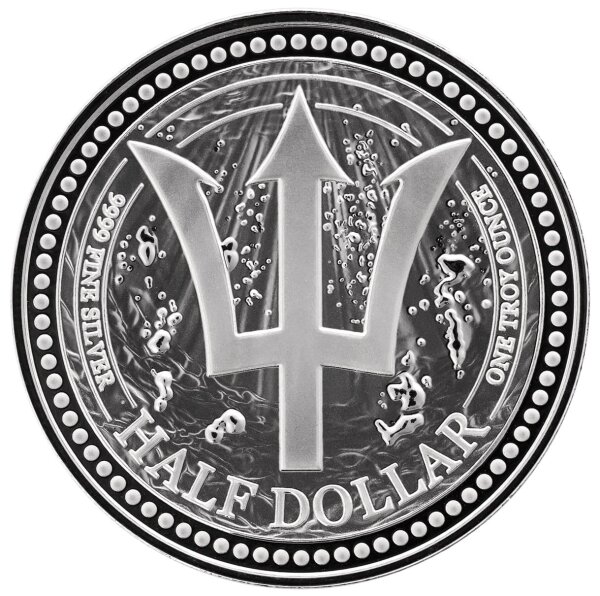 Vorderseite der Barbados Half Dollar 2026 Trident Silbermünze mit dem herausgearbeiteten Dreizack vor wellenförmigem Untergrund.