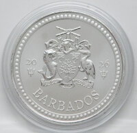 Rückseite der Barbados Half Dollar 2026 Trident Silbermünze mit dem Staatswappen und der Nennwertbezeichnung.