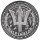 Vorderseite der Barbados Half Dollar 2026 Trident Silbermünze mit dem herausgearbeiteten Dreizack vor wellenförmigem Untergrund.