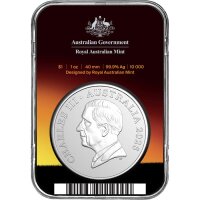 Rückseite der Australien 1 Dollar RAM 2026 Känguru Silbermünze mit dem königlichen Porträt Charles III. und dem Nennwert.