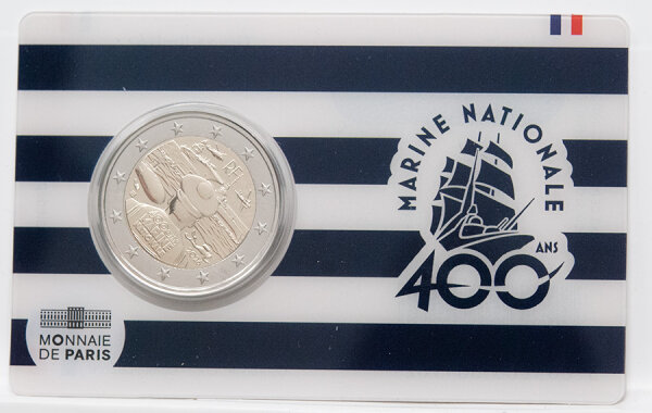 Vorderseite der offiziellen französischen Coincard 2026 mit der 2 Euro Gedenkmünze Marine Nationale in BU-Erhaltung.
